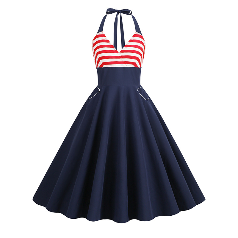 Womens Vintage Halter Neck Dresses 1950 Swing Tea Party Midi Cocktail Dress